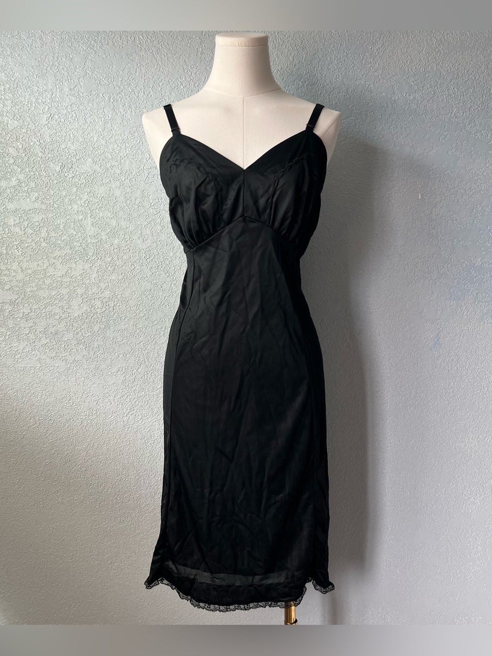 Vintage Black Nylon Full Slip Dress Size 40 Lace Trim Made in USA Lingerie L